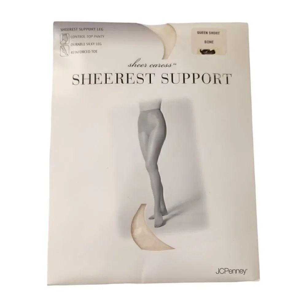 JCPenney Sheer Caress Pantyhose Stockings Sheerest Support Queen Short Bone NEW.